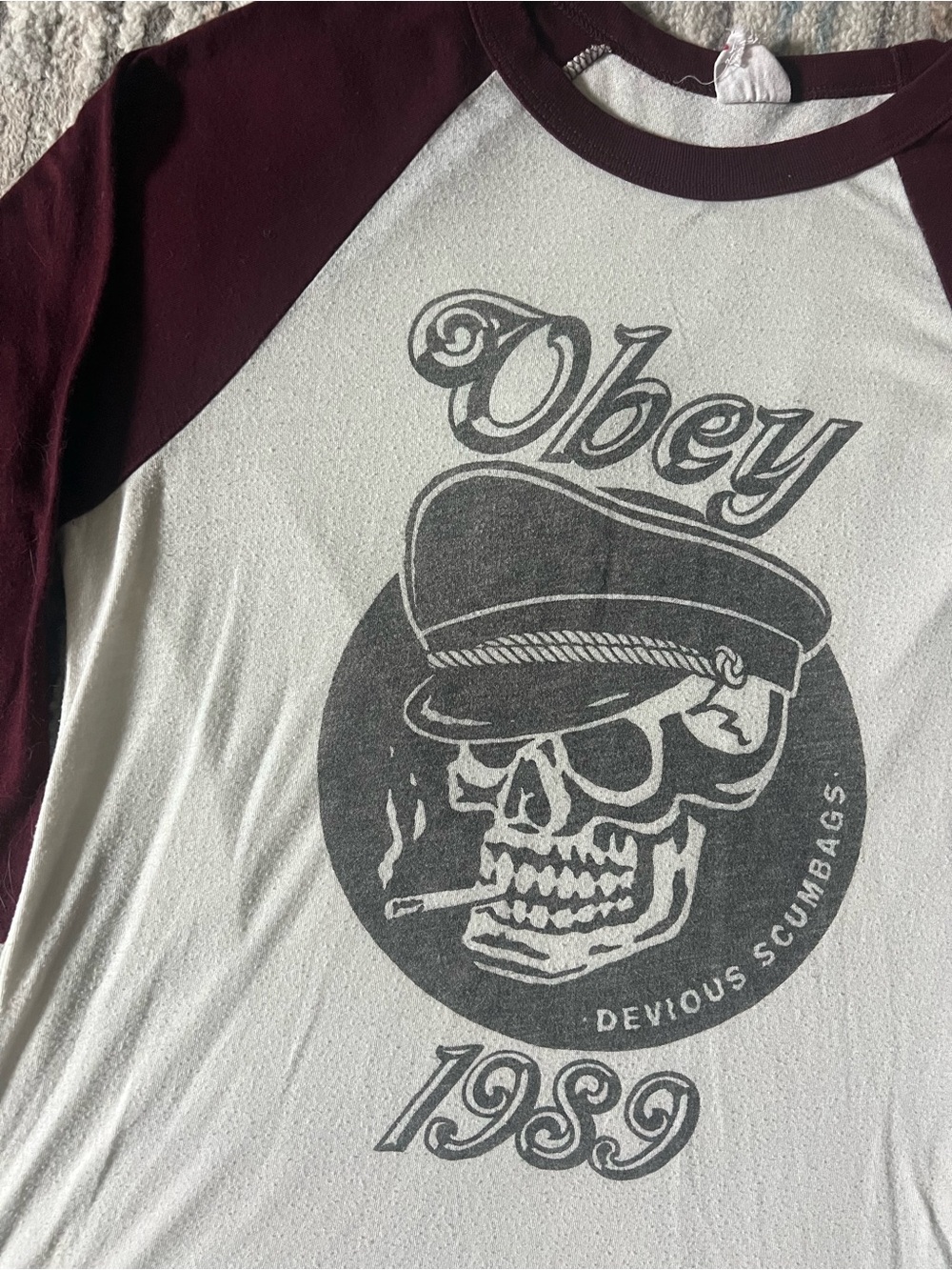 Obey White Baseball Tee with Maroon Raglan Sleeves - Picture 2 of 3
